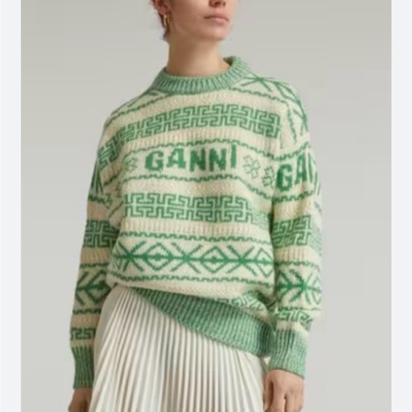Ganni Sweaters - GANNI Egret Logo Fair Isle Sweater 100% Organic Wool Women